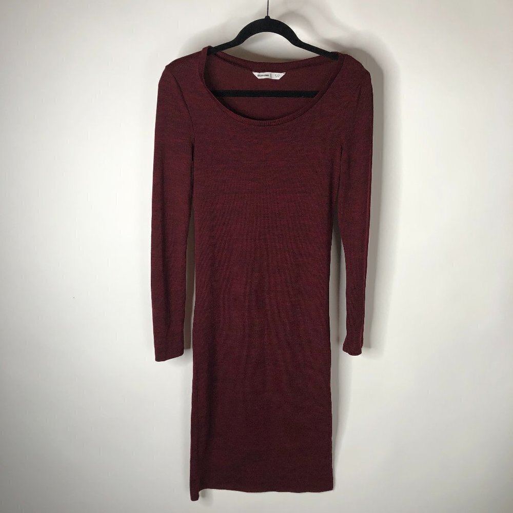 𝅺bluenotes Deep Wine Heathered Burgundy Red Fitted Midi Long Sleeve Fall Dress